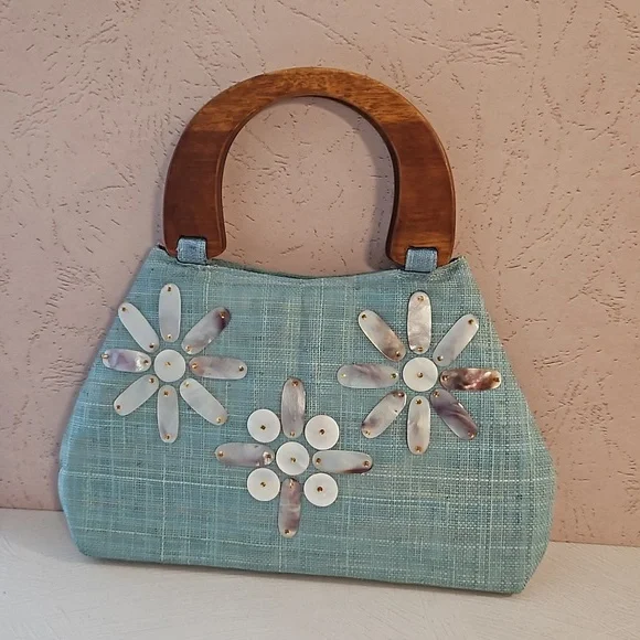 Vintage MOP accents wood handle bag purse 60s style material retro EUC - Picture 9 of 10